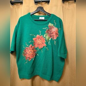 Vnt 90s Christmas Winter Sweater Poinsettia Green Red Alicia XL